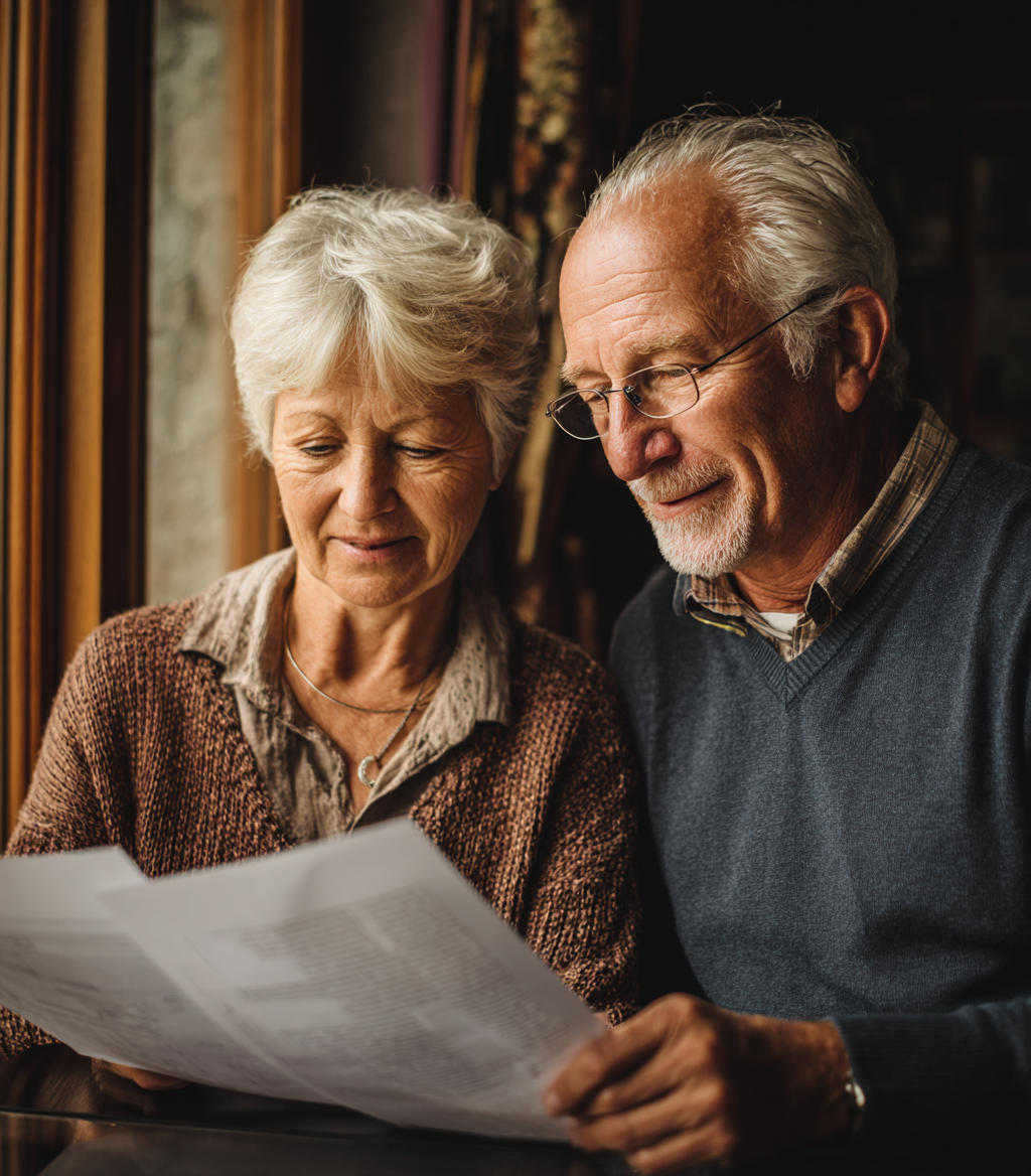 Senior couple reviewing their life insurance policy options